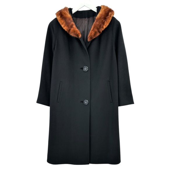 Vintage Jackets & Blazers - Vintage Fur Trimmed Classic Black Wool Full Length Pea Coat Peacoat
